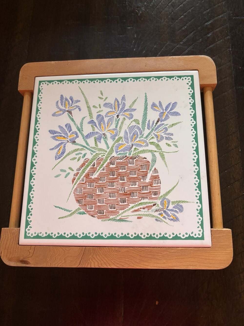 Orient Vintage Ceramic Tile Trivet Hot Plate with Floral Basket and Wood Frame
